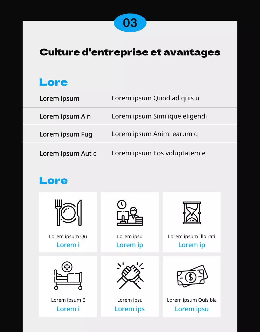 Bleu et noir, concept de brochure simple et épuré pour le recrutement de stagiaires