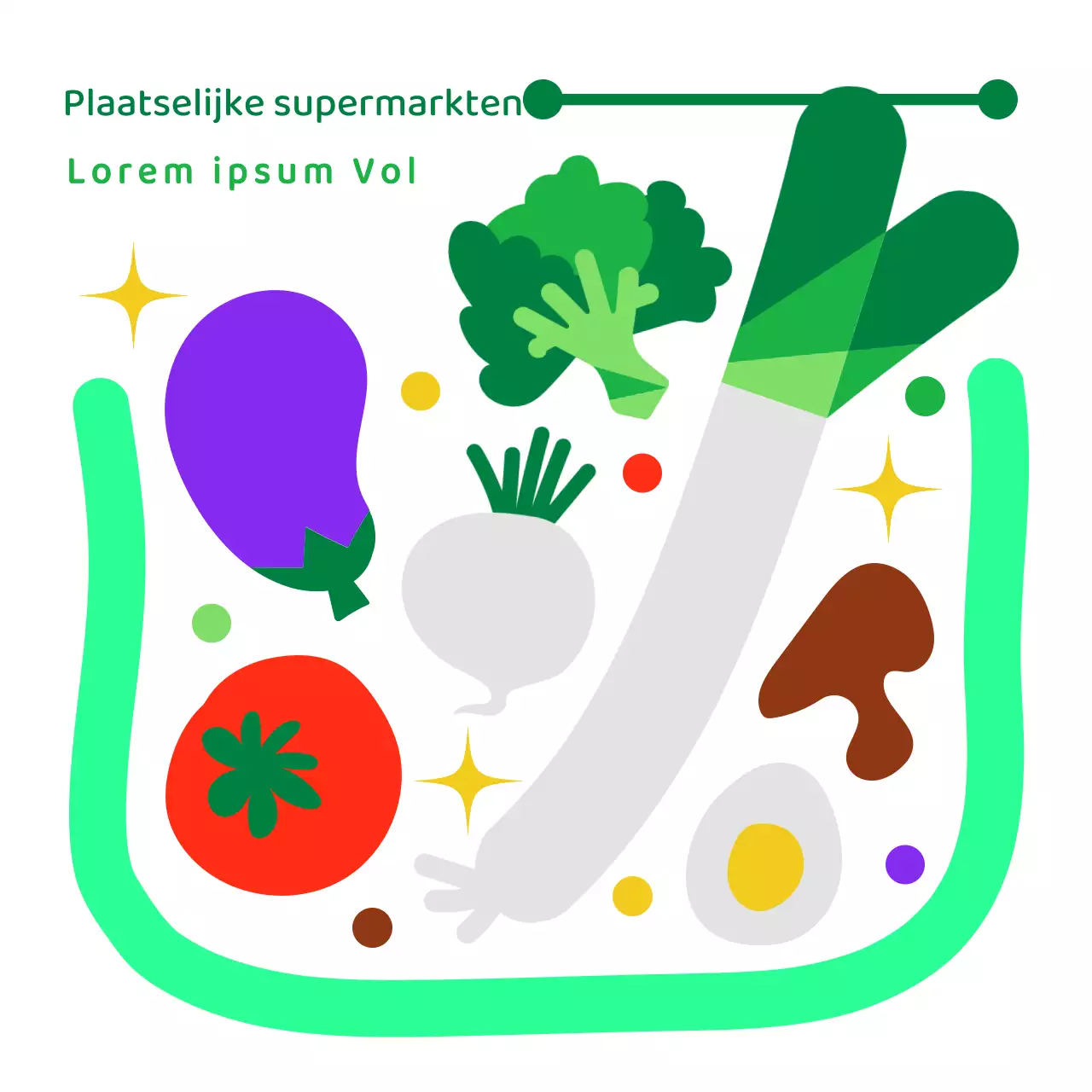 Een illustratie-stijl boodschappentas met heldere, kleurrijke, ronde, schattige groenten in een winkelwagentje.