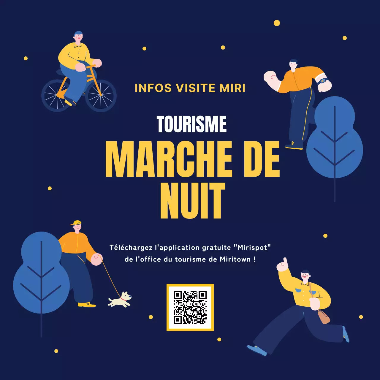 Guide des attractions nocturnes bleu marine et jaune