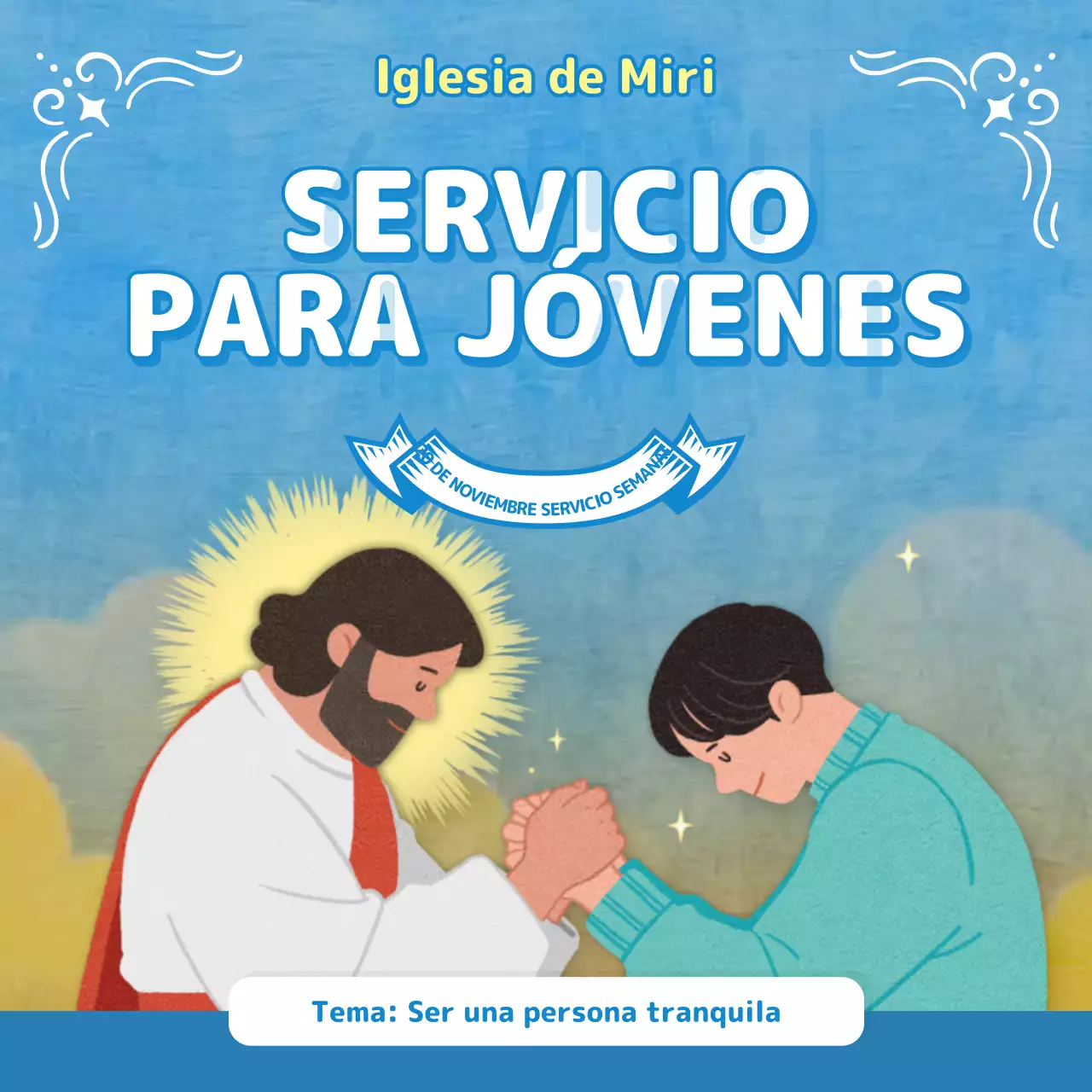 Boletín de culto en tonos azul claro con ilustraciones cristianas