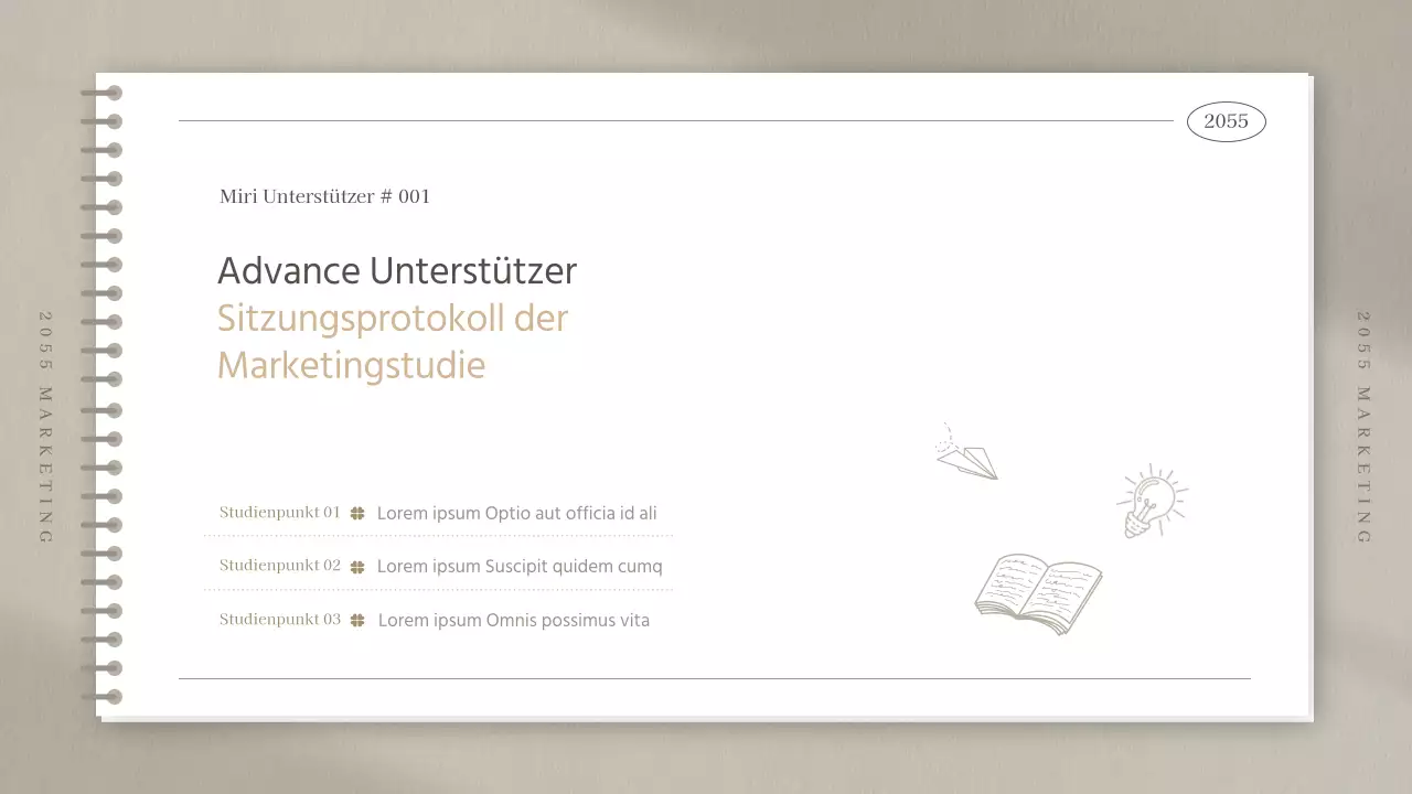 Sitzungsprotokoll einer Marketingstudie in einem einfachen beigen Notizbuch