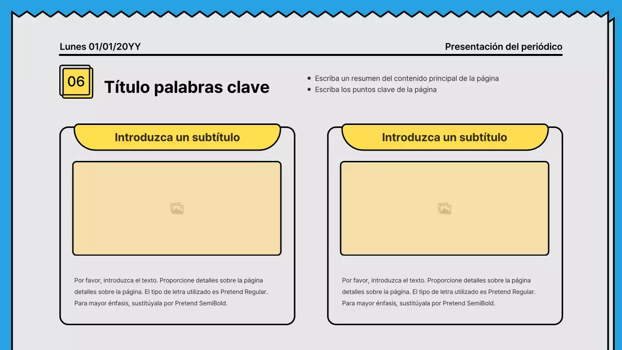 Líneas atrevidas y presentación llamativa en un concepto de periódico con acentos en amarillo y azul claro.