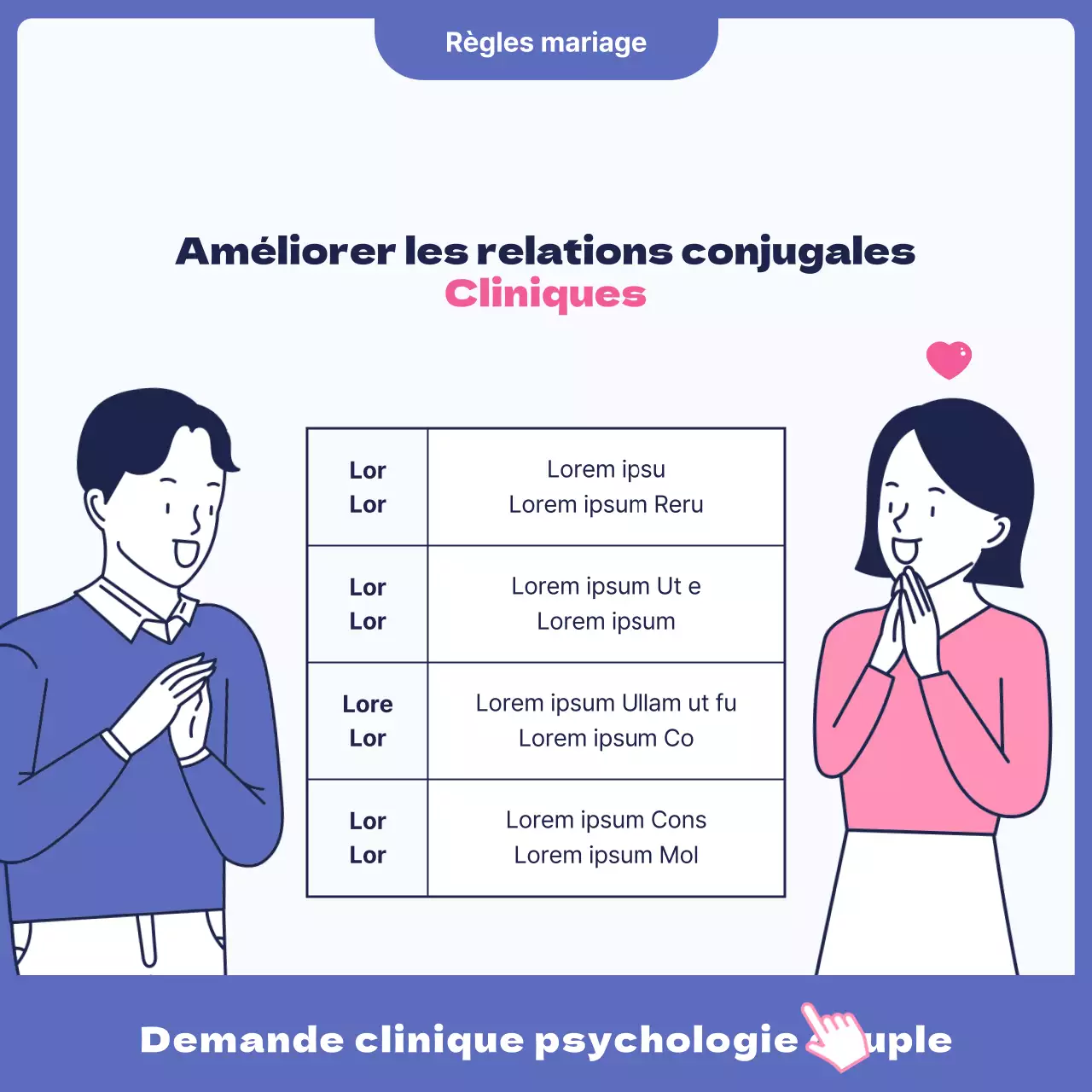 Une publicité pour une jolie clinique de psychothérapie pour couples, rose et bleue.