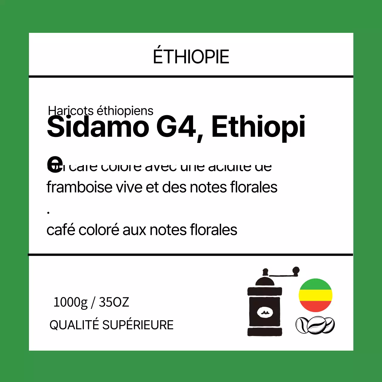 Étiquette illustrée en grains de café vert