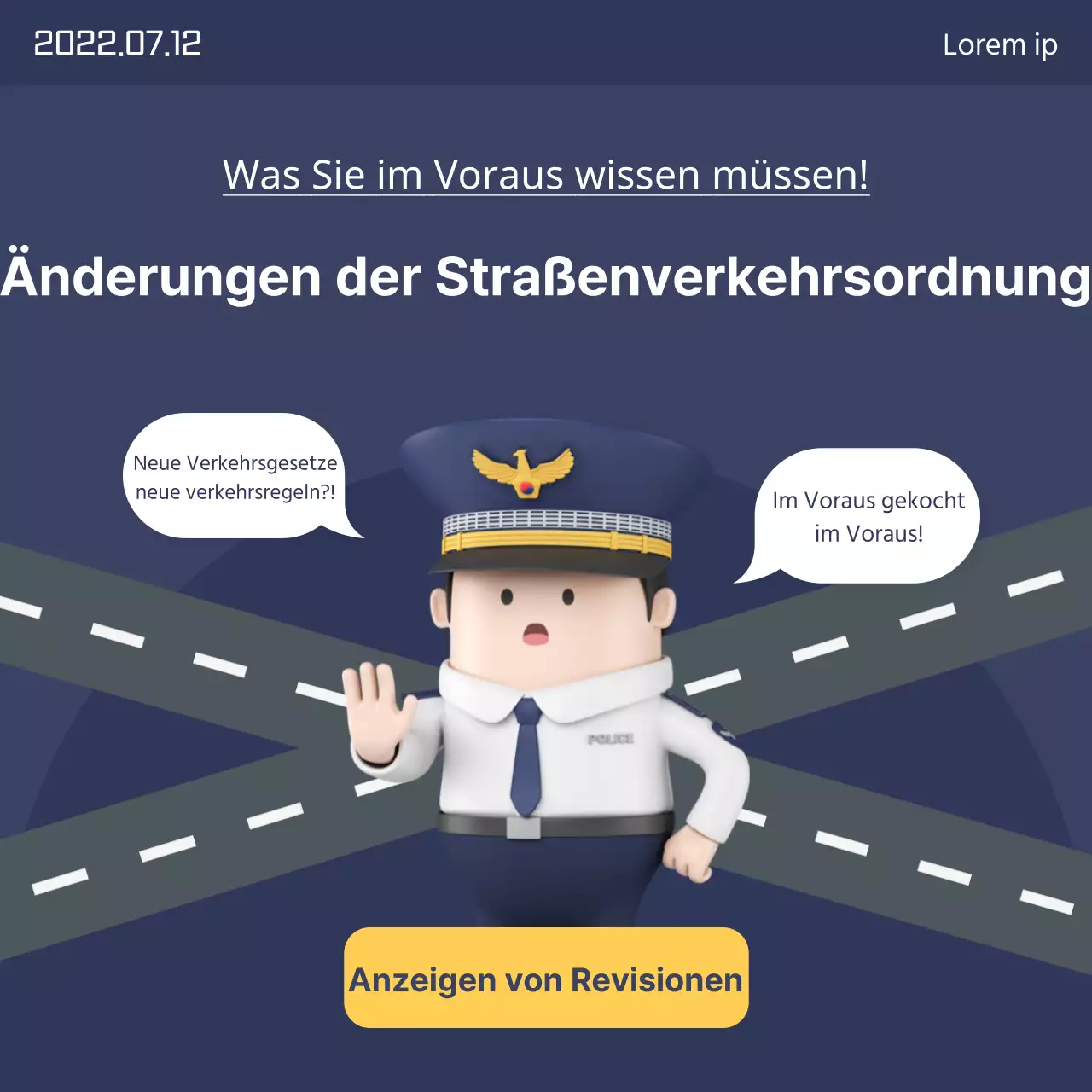 Werben Sie für Ihre Fahrschule mit diesem niedlichen marineblauen und gelben Banner zur Straßenverkehrsordnung.