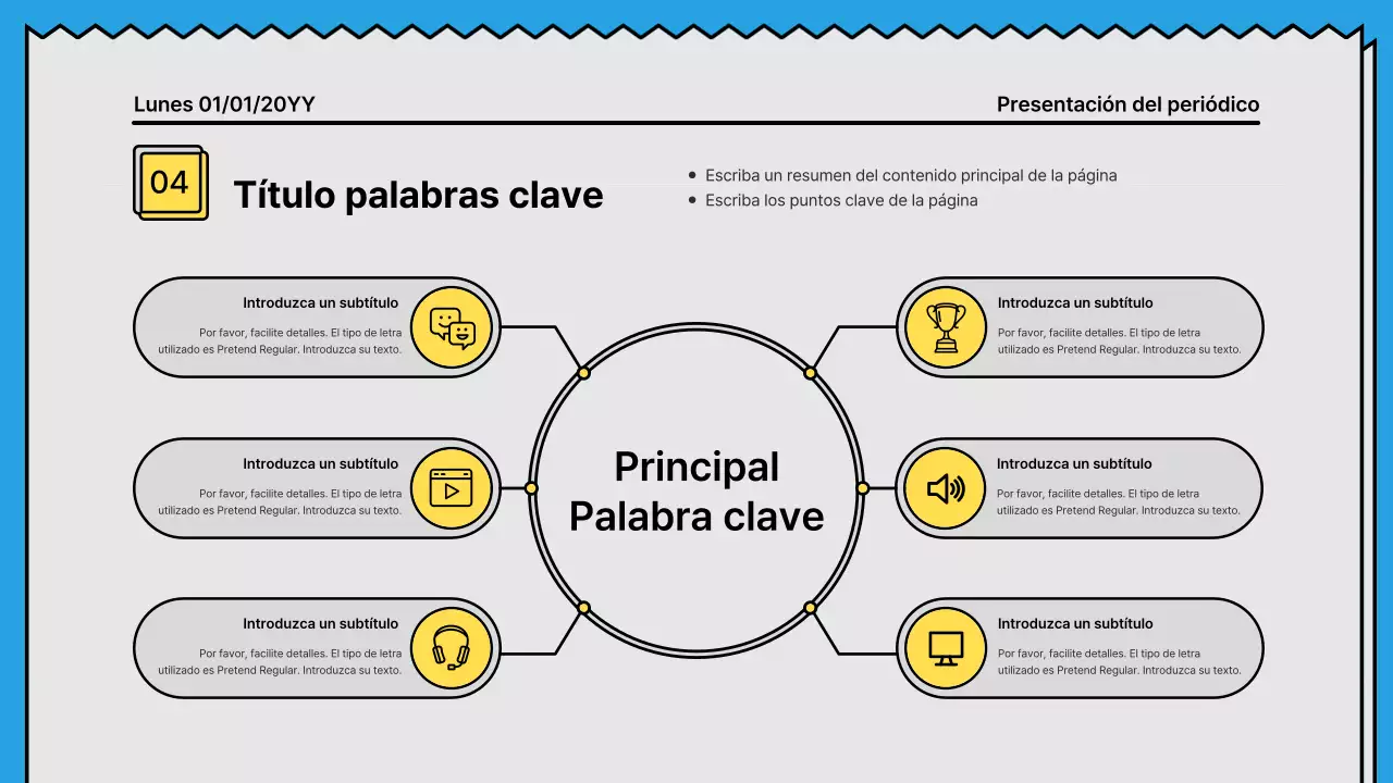 Líneas atrevidas y presentación llamativa en un concepto de periódico con acentos en amarillo y azul claro.