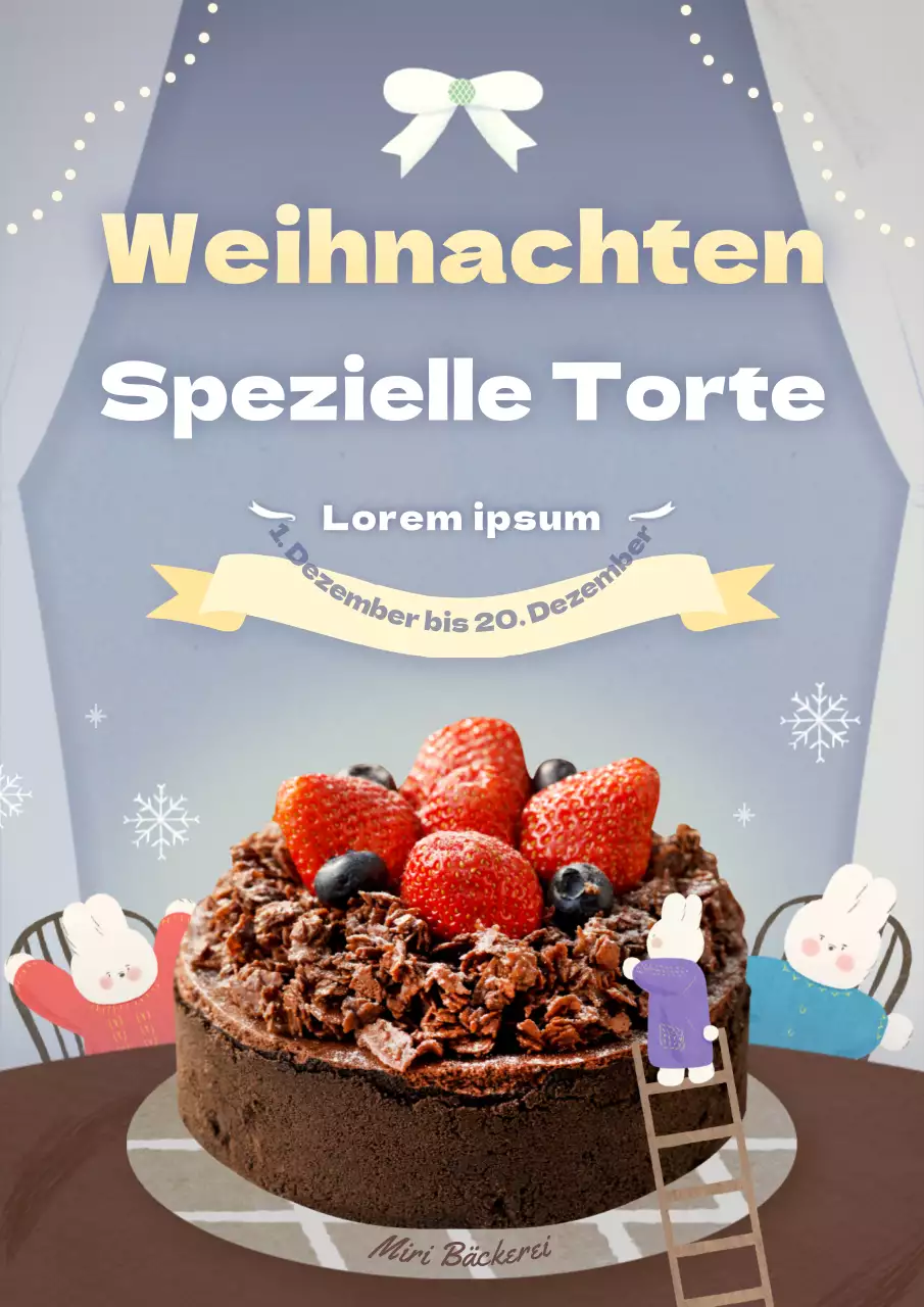 Buchen Sie einen Weihnachtskuchen mit niedlichen Hasen-Illustrationen in kühlem Graublau und Rosa