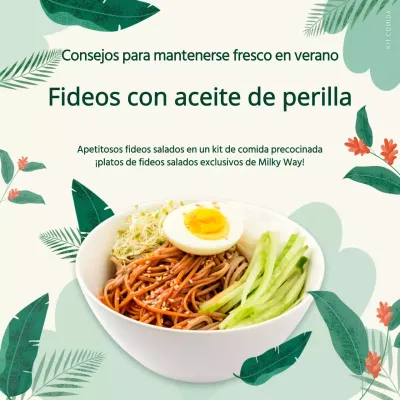 Ilustración de hoja verde promocionando el kit de comida de fideos pegajosos con aceite de perilla