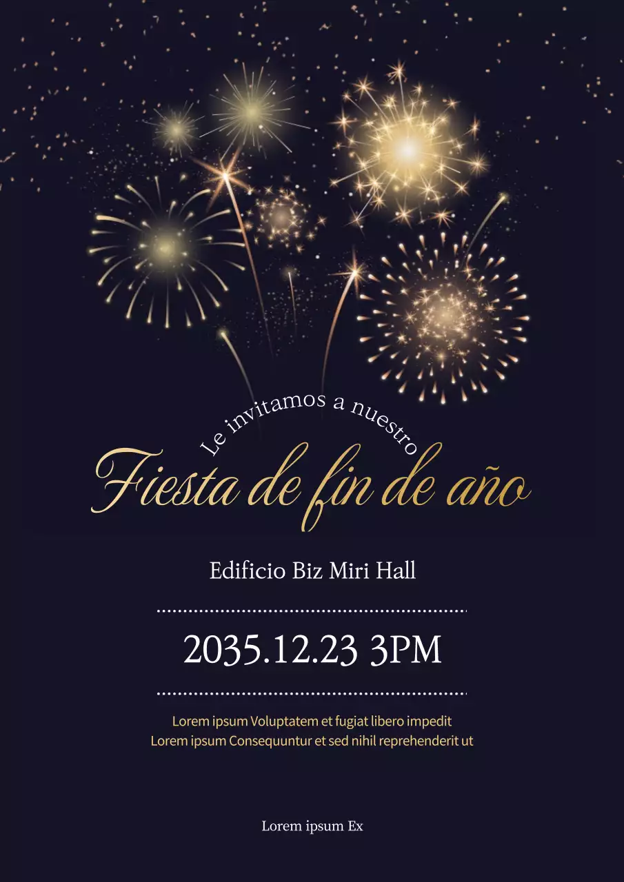 Ilustración de fuegos artificiales negros y dorados anuncio de fiesta de fin de año