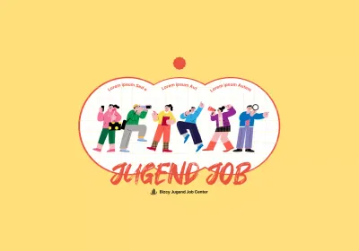 Bewerbungscenter-Konzept für junge Leute mit niedlichen gelben und roten Illustrationen