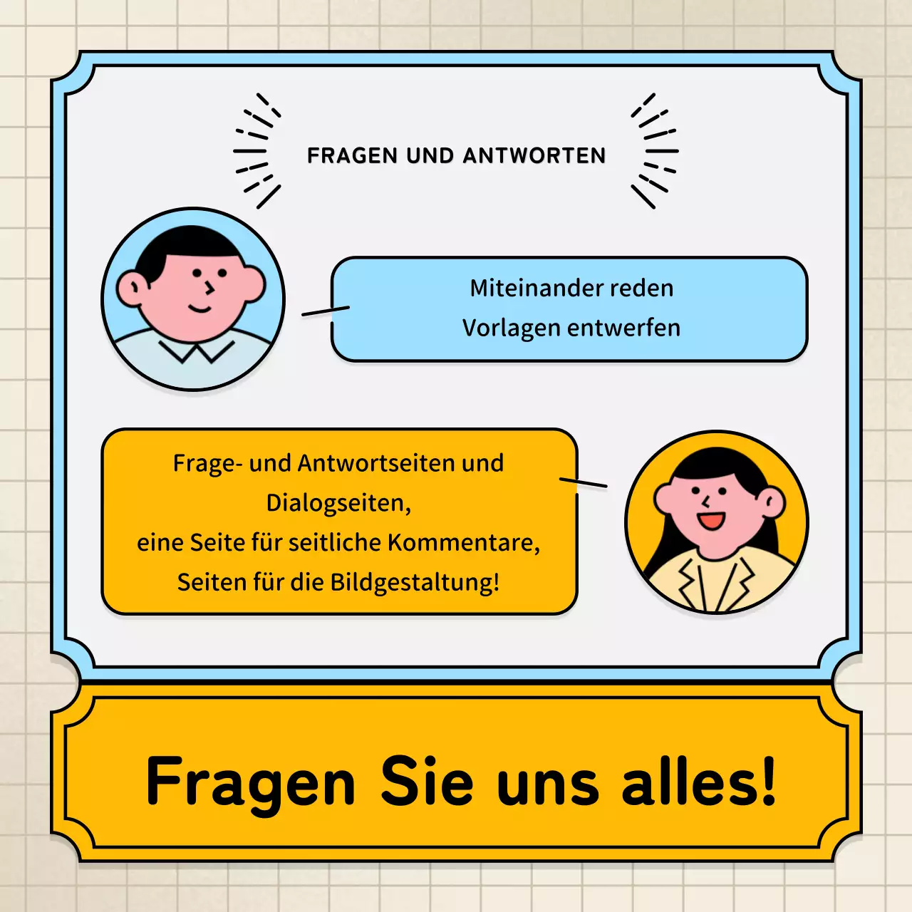 Hellblaue und gelbe Sprechblasen und niedlicher Illustrationsstil