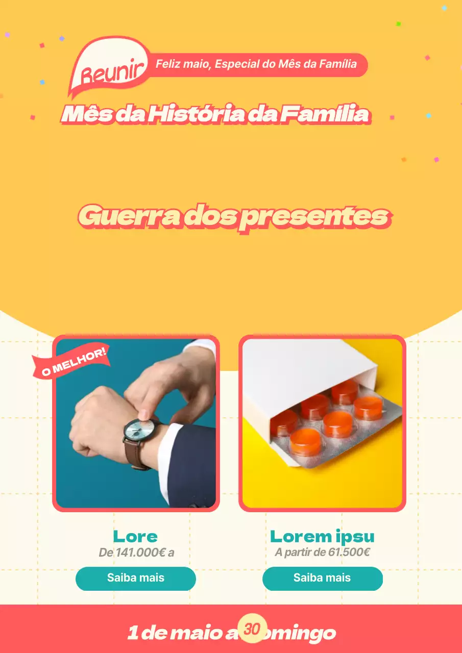 Promover um super desconto para madrugadores para o mês de maio com uma ilustração amarela de uma pessoa e uma imagem de um presente