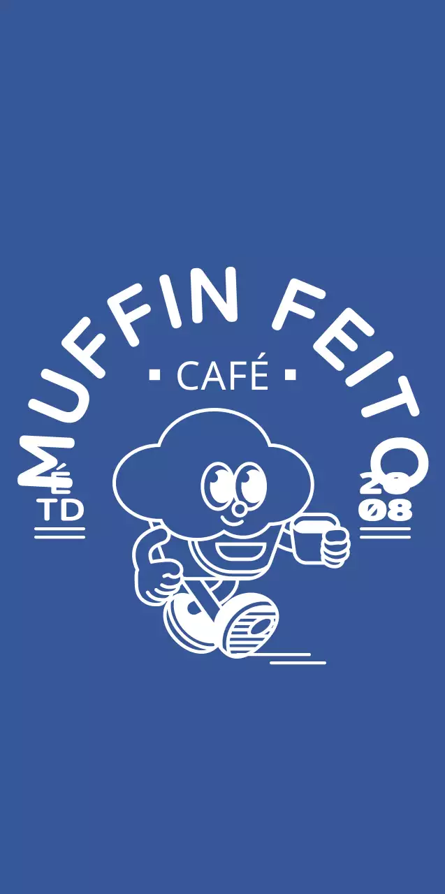 Logótipo redondo e giro com carácter de cupcake em azul e branco para produtos de cafetaria