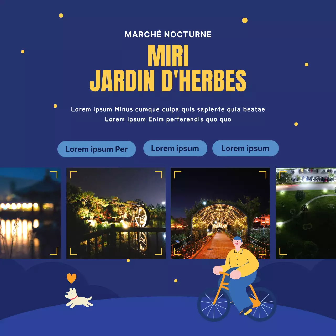 Guide des attractions nocturnes bleu marine et jaune