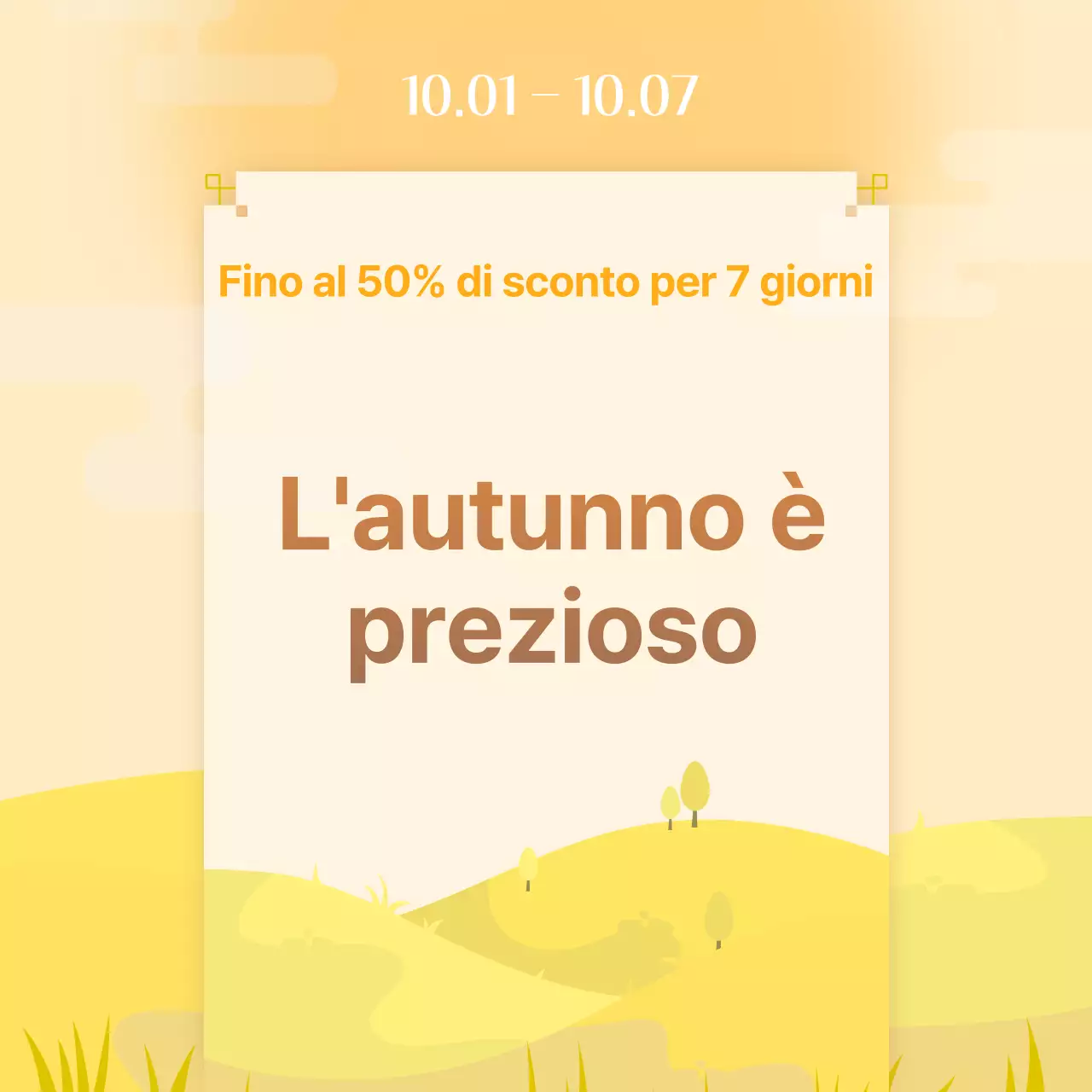 Promuovete il vostro evento di vendita autunnale con uno sfondo naturale, giallo e arancione