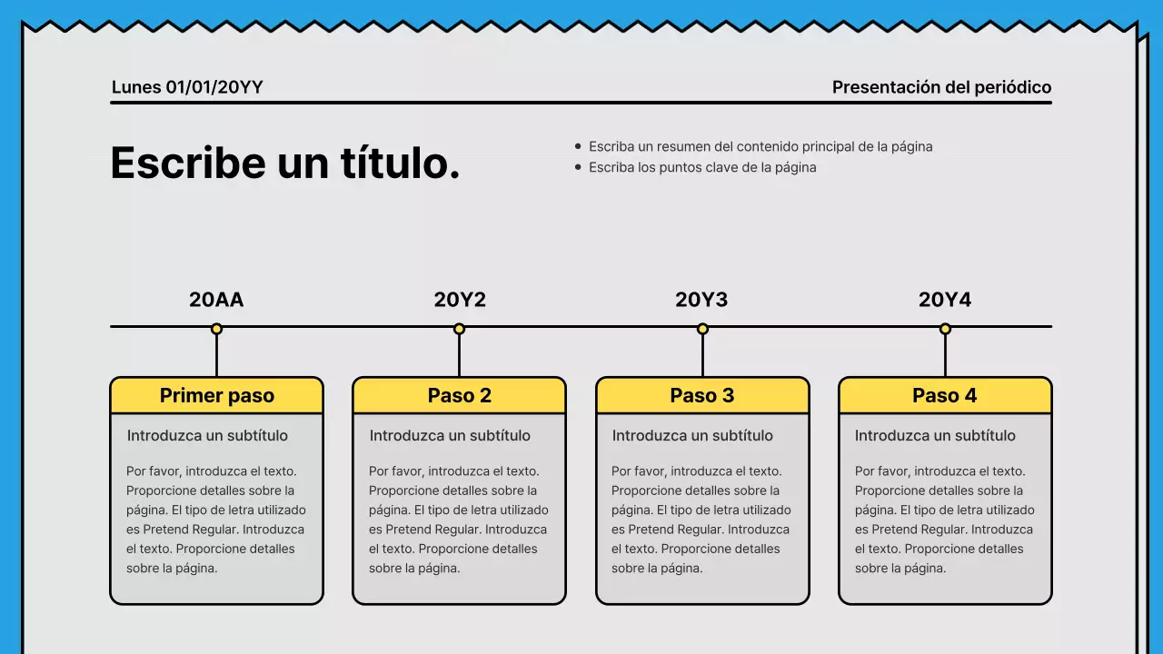 Líneas atrevidas y presentación llamativa en un concepto de periódico con acentos en amarillo y azul claro.