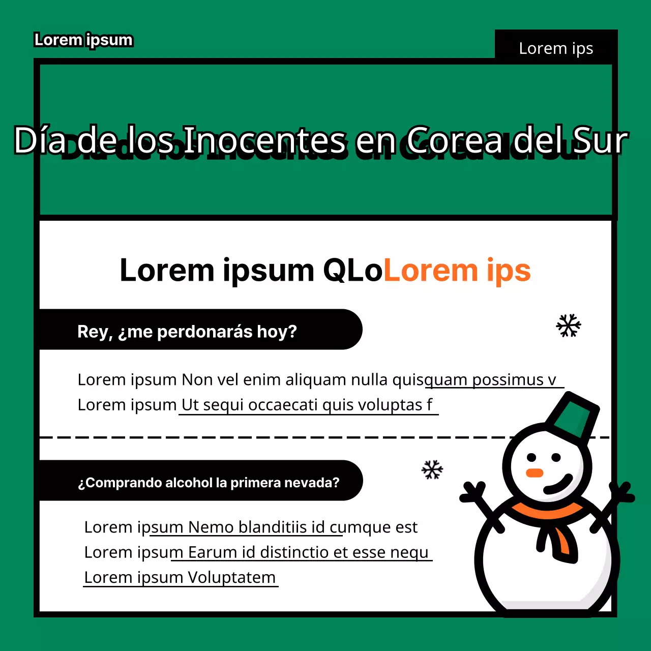 Las mentiras del Día de los Inocentes TMI en una simpática, divertida, plana y sencilla ilustración de Pinocho en verde y naranja.