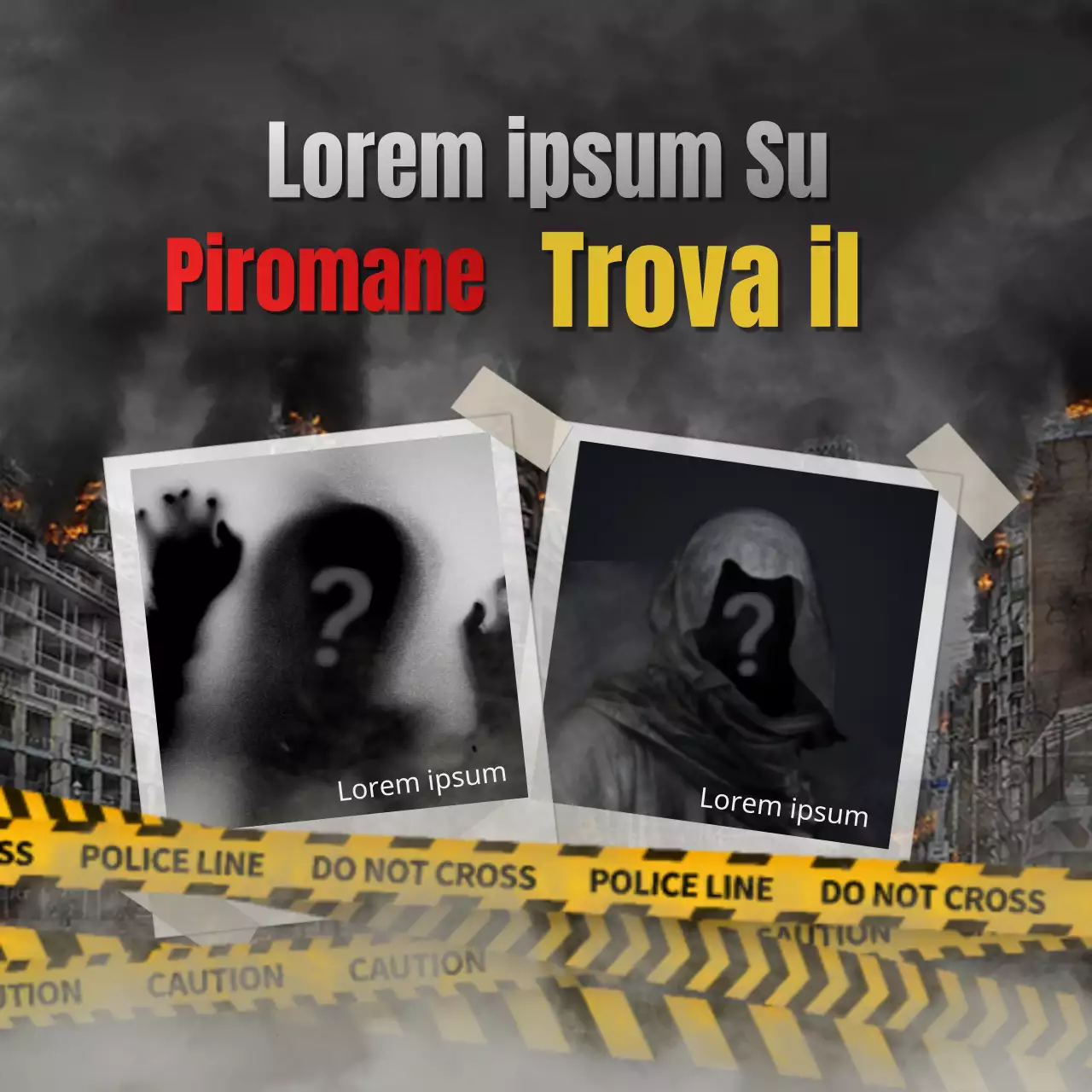 Scena di incendio Trova il piromane su uno sfondo scuro Quiz della stanza di fuga