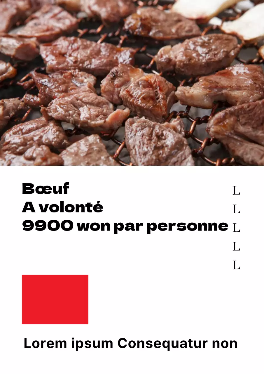 Promouvoir un simple magasin de viande de bœuf à volonté avec des photos de viande grillée noire et rouge.