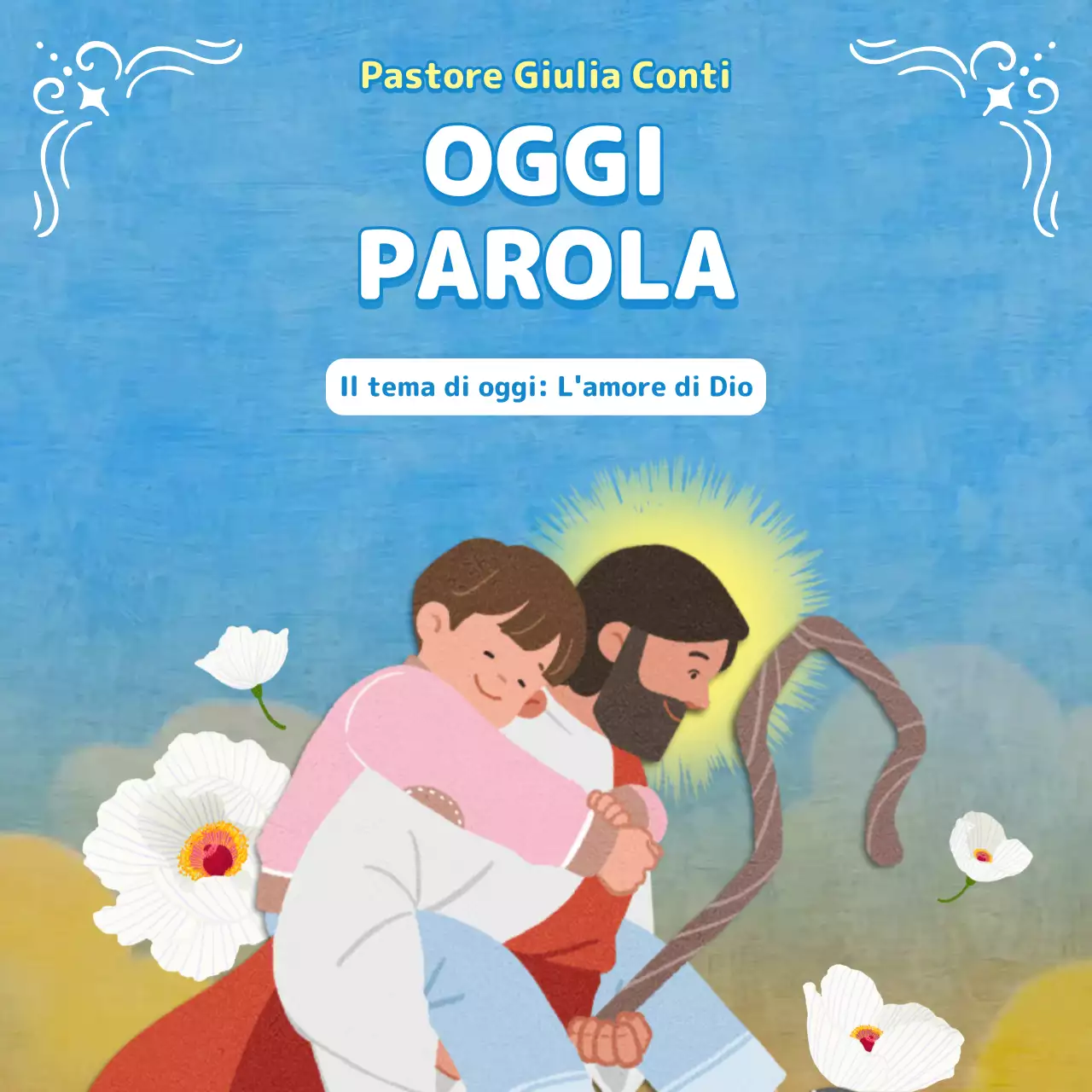 Bollettino di culto in tonalità blu chiaro con illustrazioni cristiane