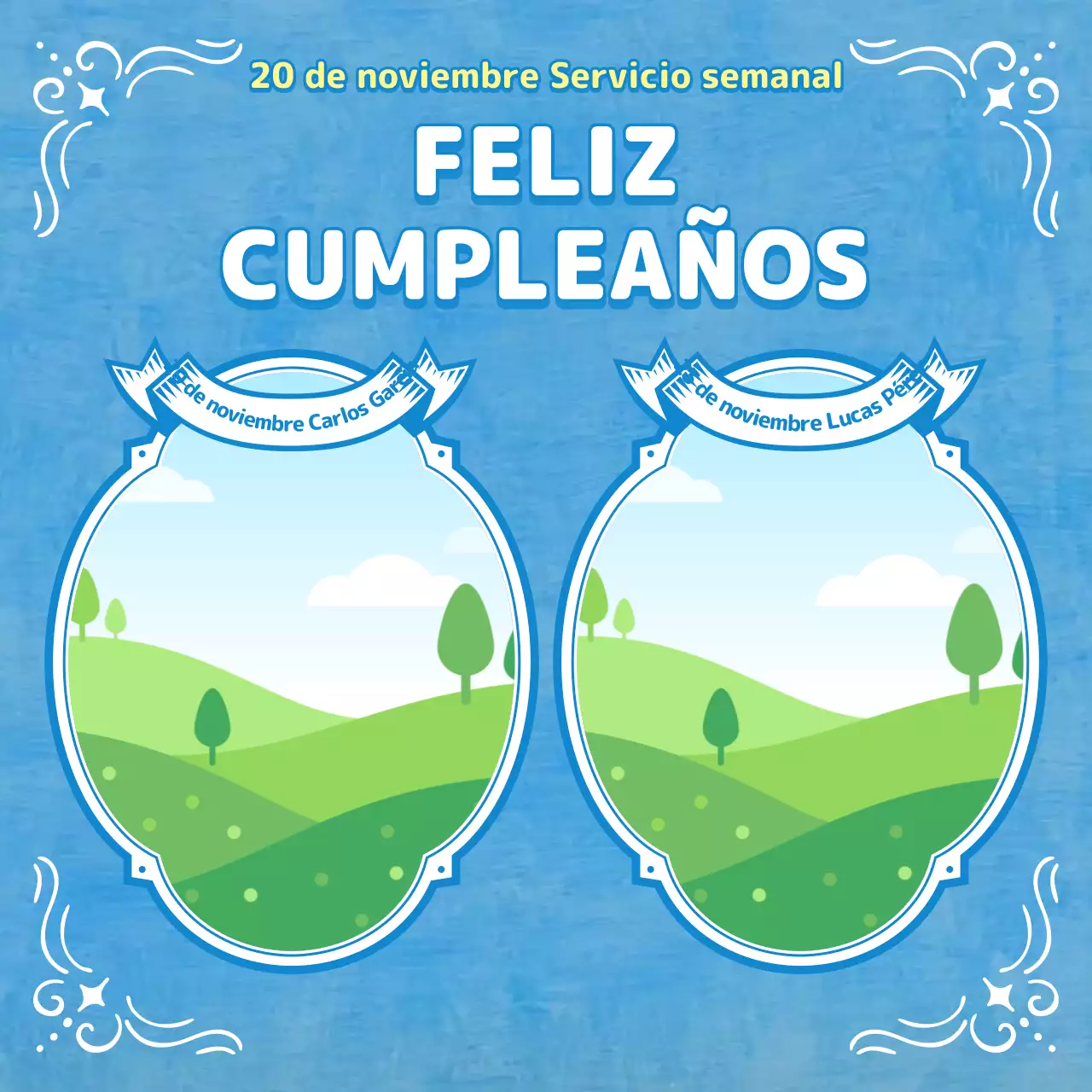 Boletín de culto en tonos azul claro con ilustraciones cristianas