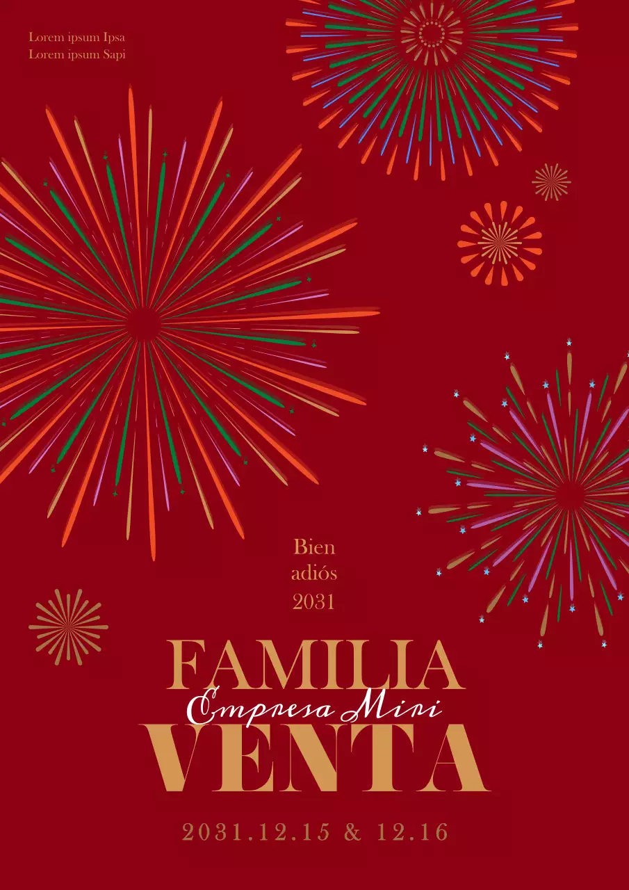 Cartel sencillo de venta familiar navideña con ilustración de petardos sobre fondo rojo