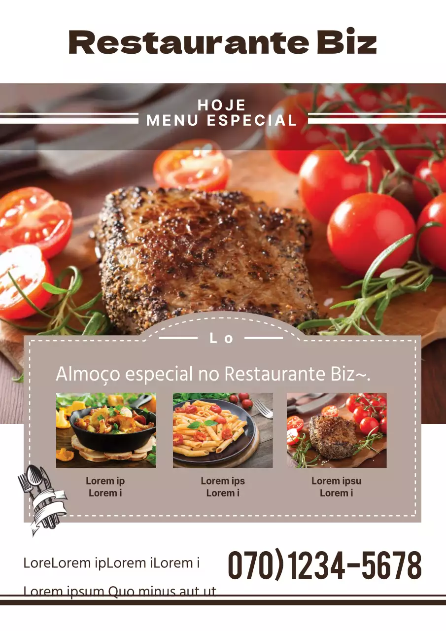 Menu de almoço num restaurante de conceito simples, com fotografias de alimentos de cor castanha