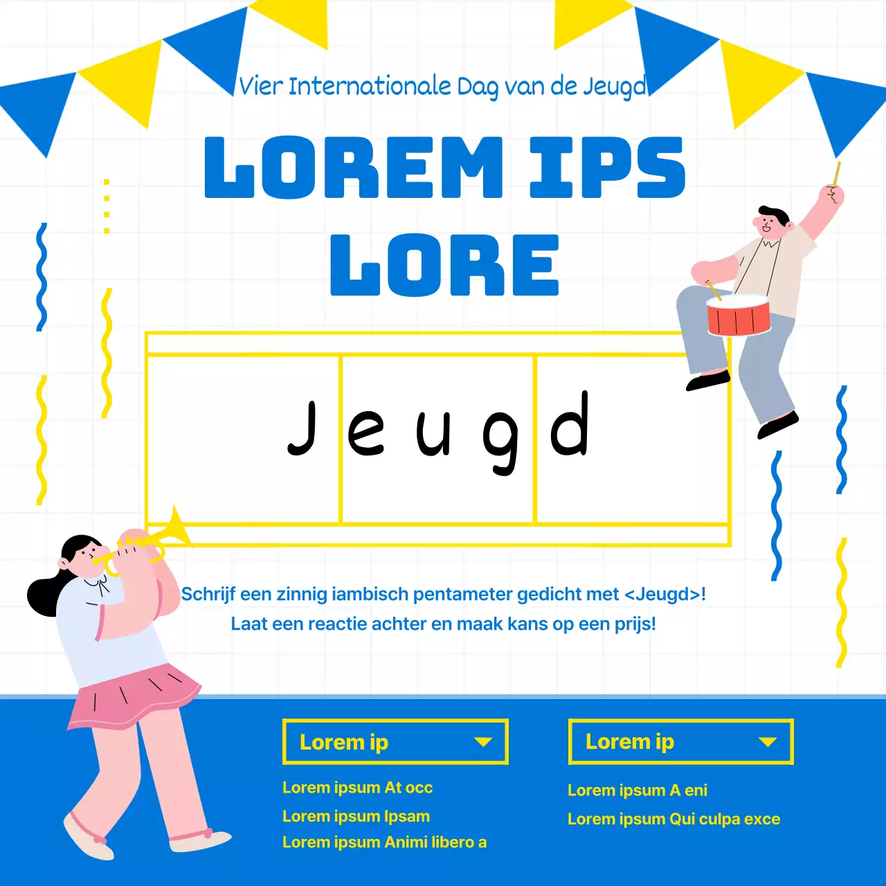 Internationale Jongerendag Samhaengsi evenement met een fris blauw en geel illustratieconcept