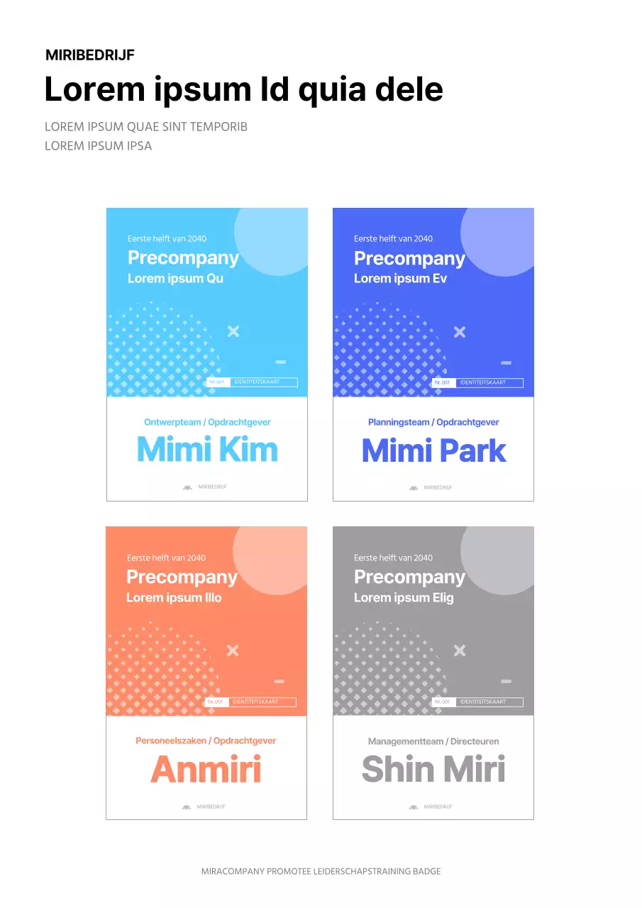 Documentatiesjabloon voor naambadges van leiderschapstraining voor promotoren in blauw, oranje en grijs