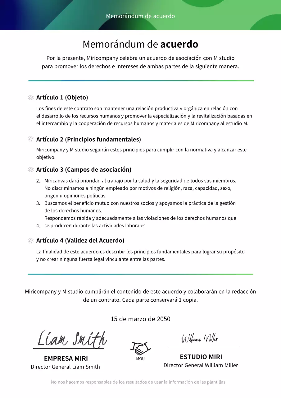 Azul marino y verde degradado asuntos de negocios MOU documento de asociación acuerdo (plantilla de negocios)