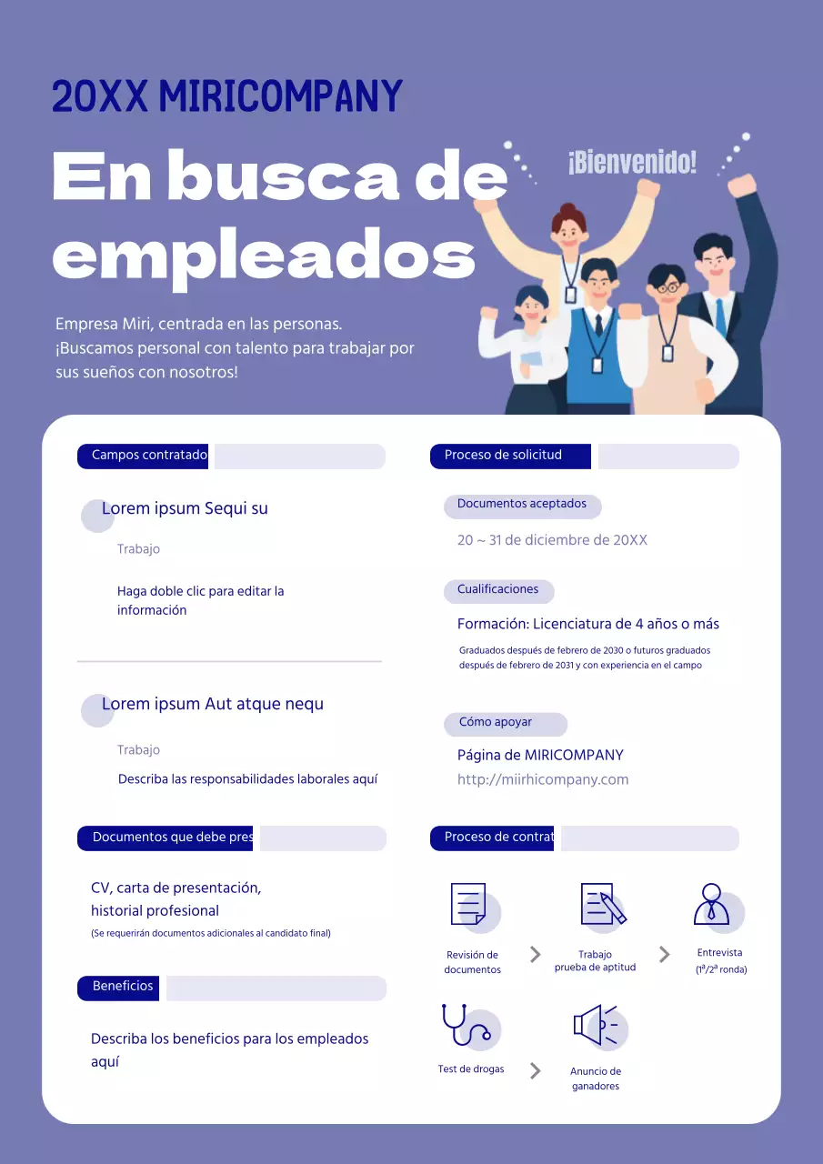 Carteles de contratación vibrantes y morados para empleados nuevos y con experiencia.