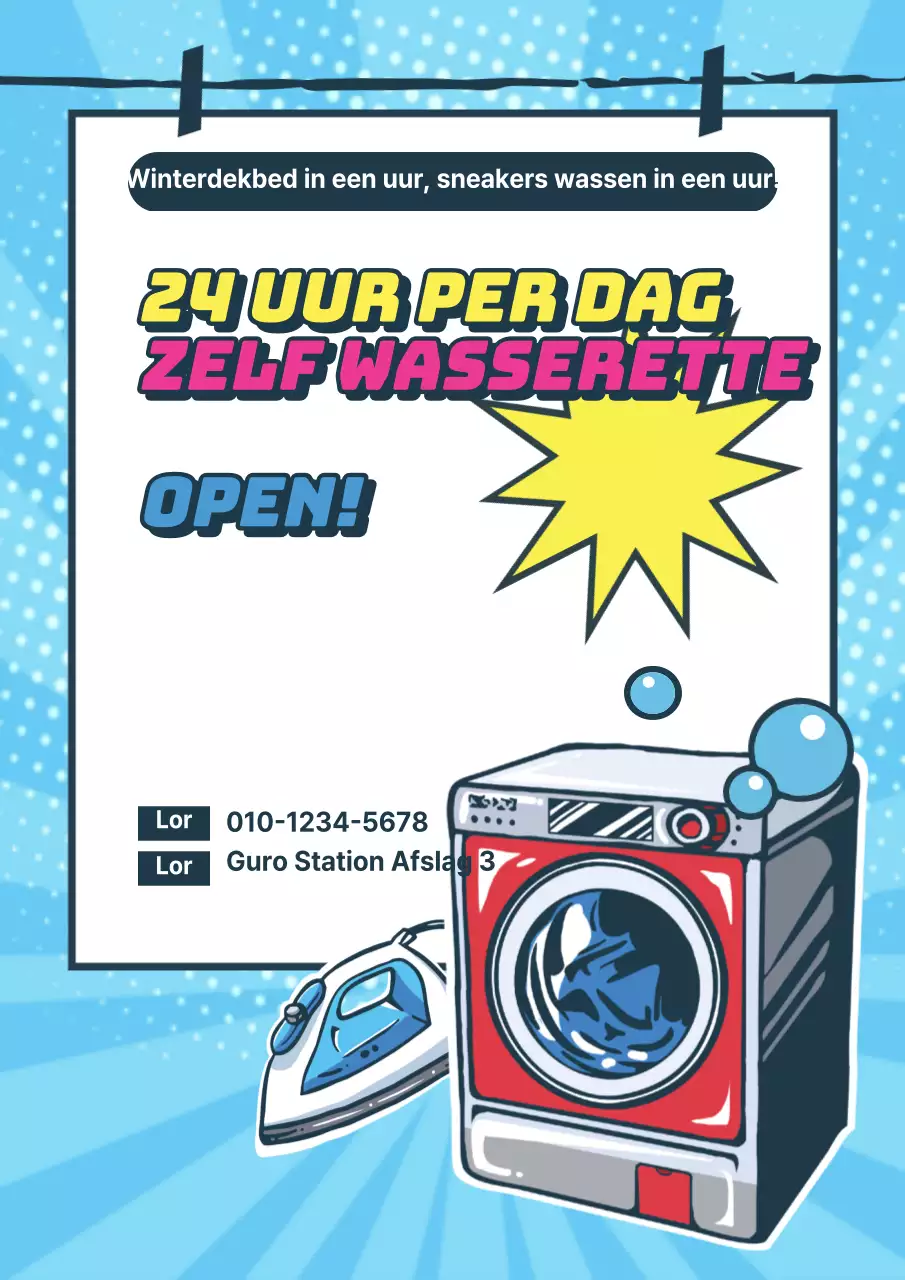De opening van een zelfbedieningswasserette promoten met een blauw cartoonconcept