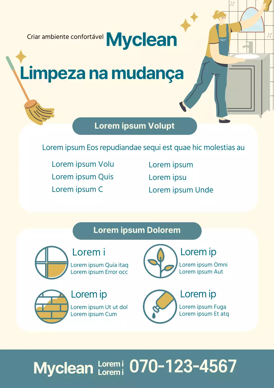 Ilustração azul e amarela que promove um serviço de limpeza de mudança arrumado