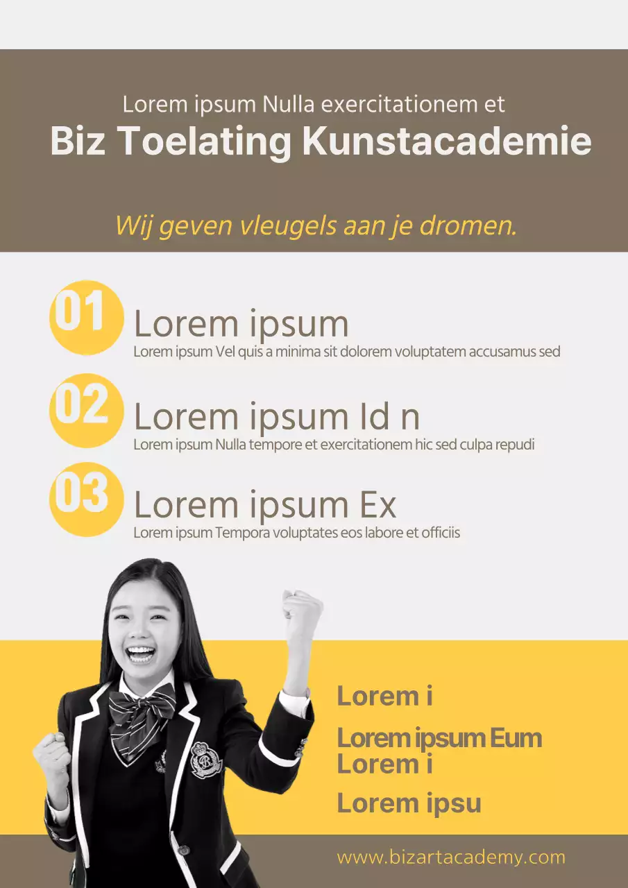 Eenvoudige gele en grijze reclame voor de kunstacademie.