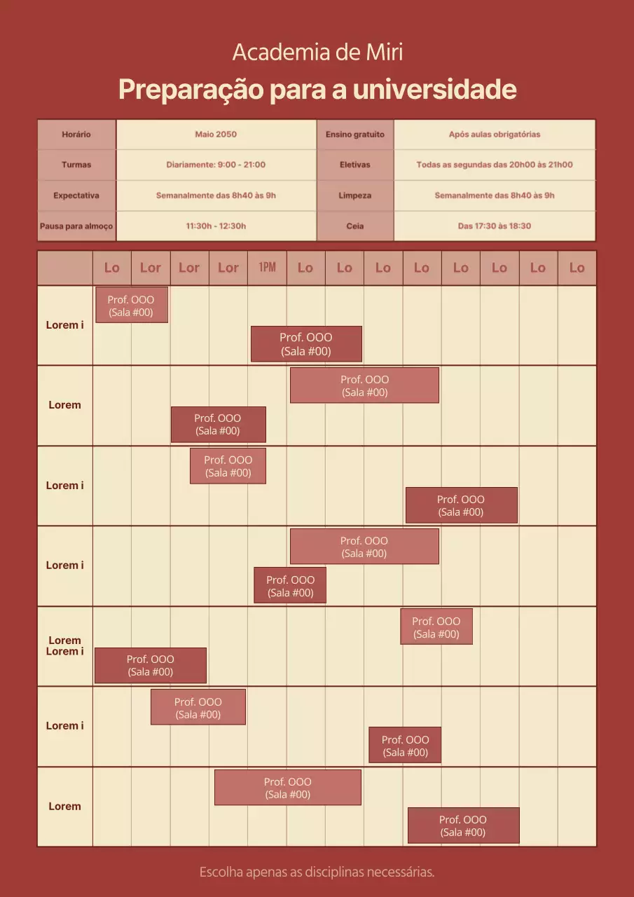 Horário dos cursos regulares de Brown