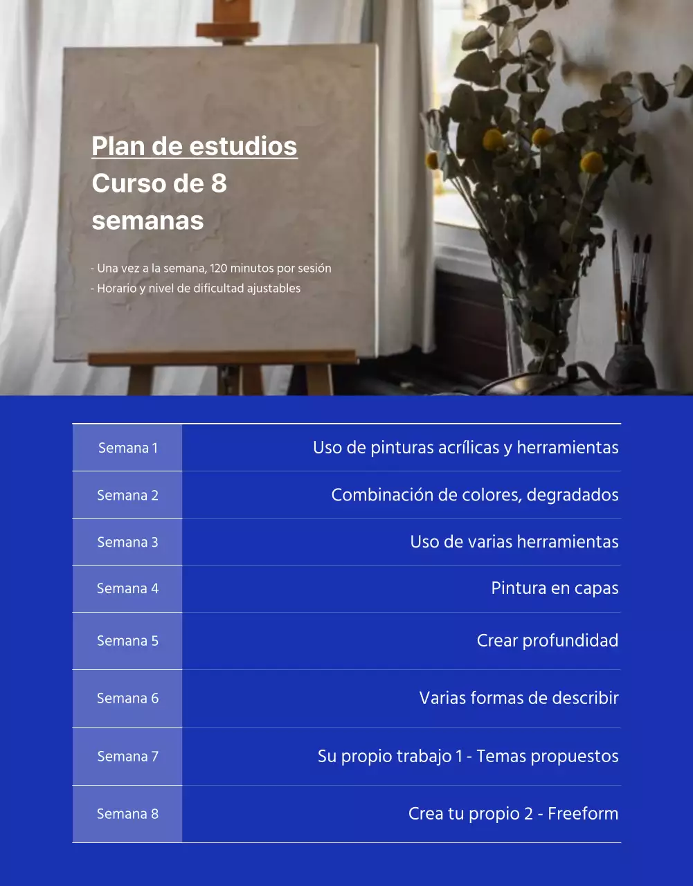 Anuncio de una clase de arte de un día con un toque de beige y azul