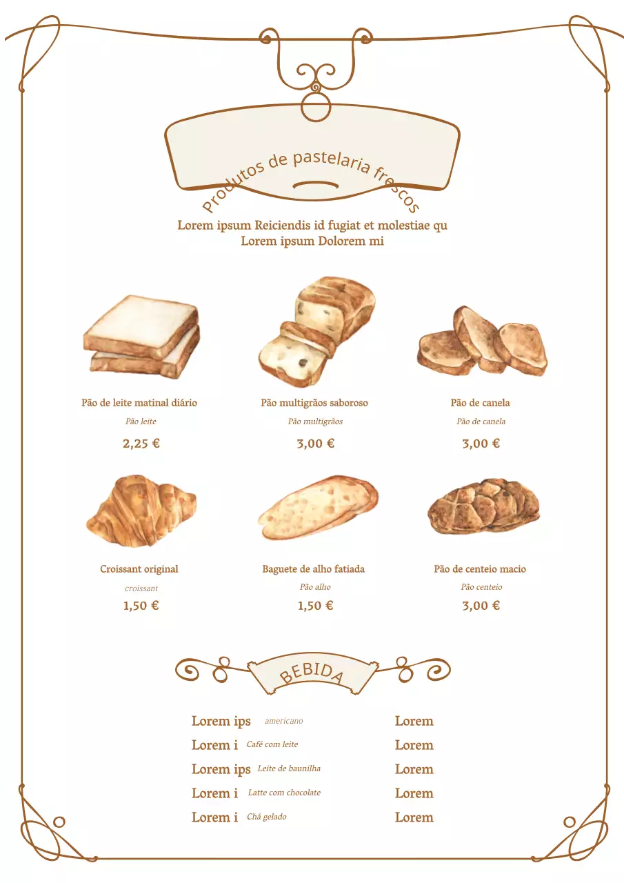 Menu de padaria vintage com ilustrações em castanho