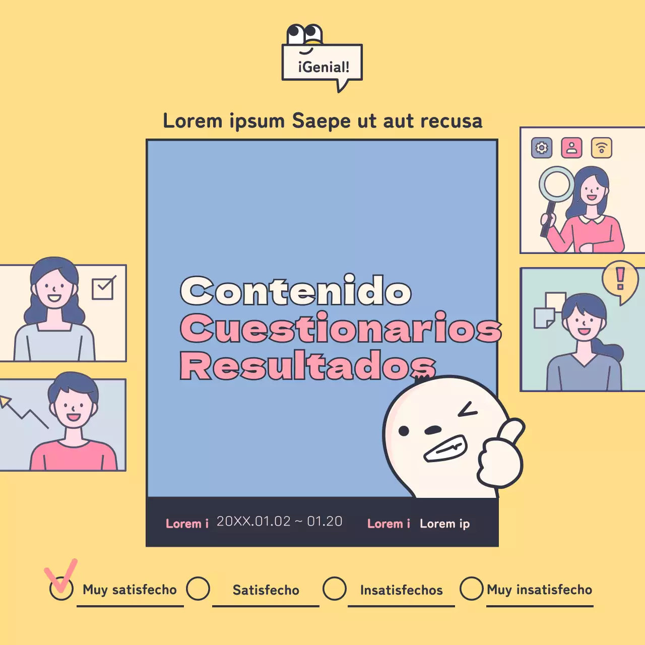 Encuestas limpias con simpáticas ilustraciones en rosa y amarillo