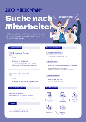 Lebendige, violette Einstellungsplakate für neue und erfahrene Mitarbeiter.