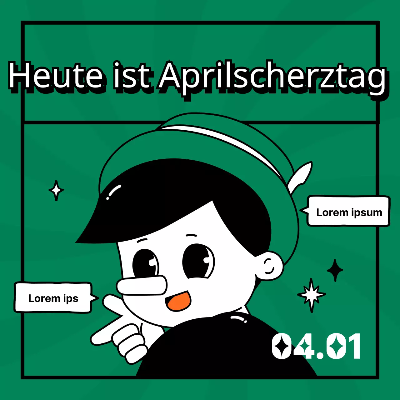 Niedliche, lustige, flache, einfache Pinocchio-Illustration in Grün und Orange Aprilscherz TMI