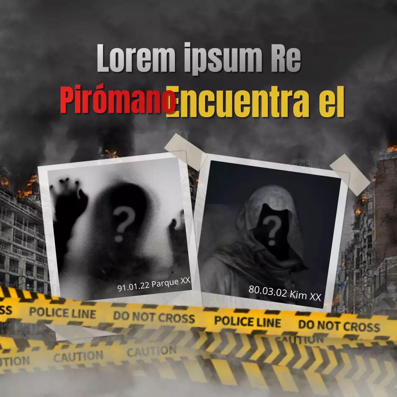 Escena de incendio Encuentra al pirómano sobre un fondo oscuro Escape room quiz
