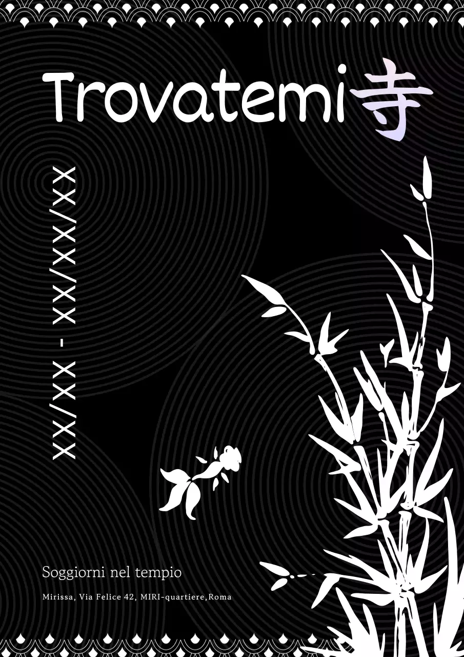 Arte promozionale del soggiorno al tempio, calma e semplice, con disegni a inchiostro in bianco e nero.