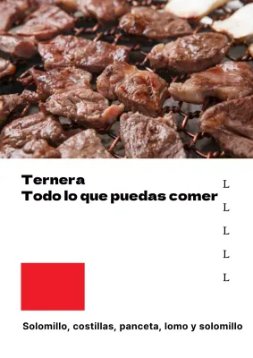 Promociona una sencilla tienda de carne de vacuno con fotos de carne a la parrilla negra y roja