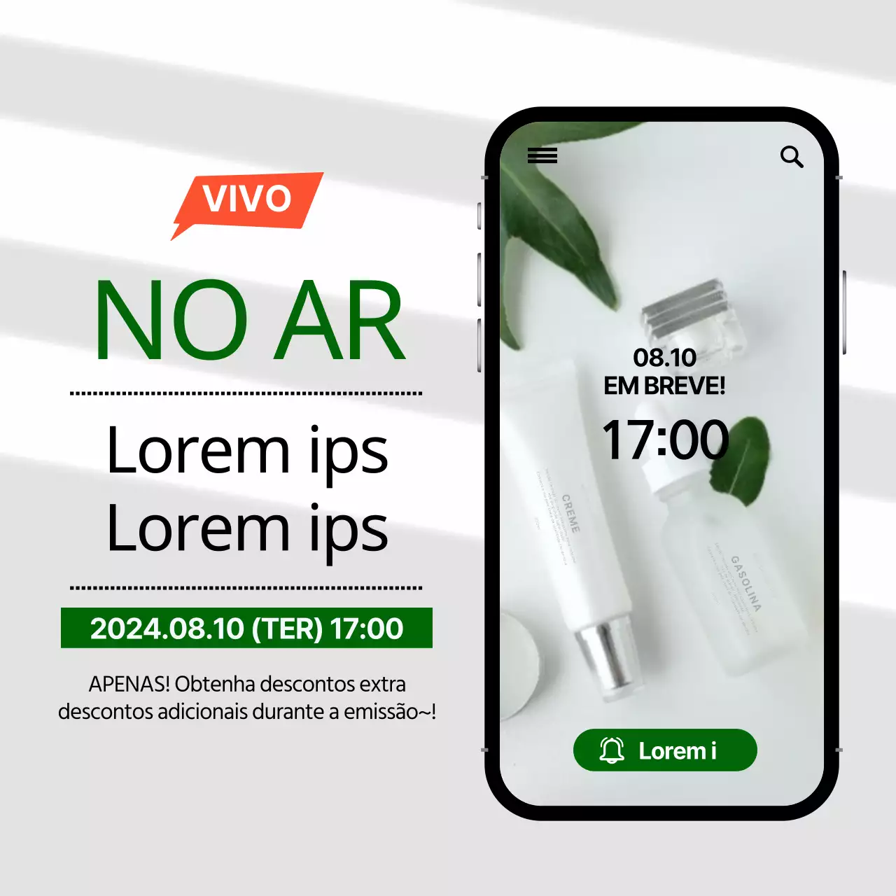 Compras de cosméticos em direto numa moldura verde e preta para telemóvel