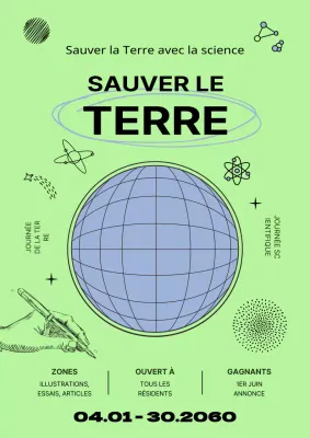 Promouvoir la Journée de la science avec un graphique dessiné à la main d'un cercle bleu sur un fond vert lime.