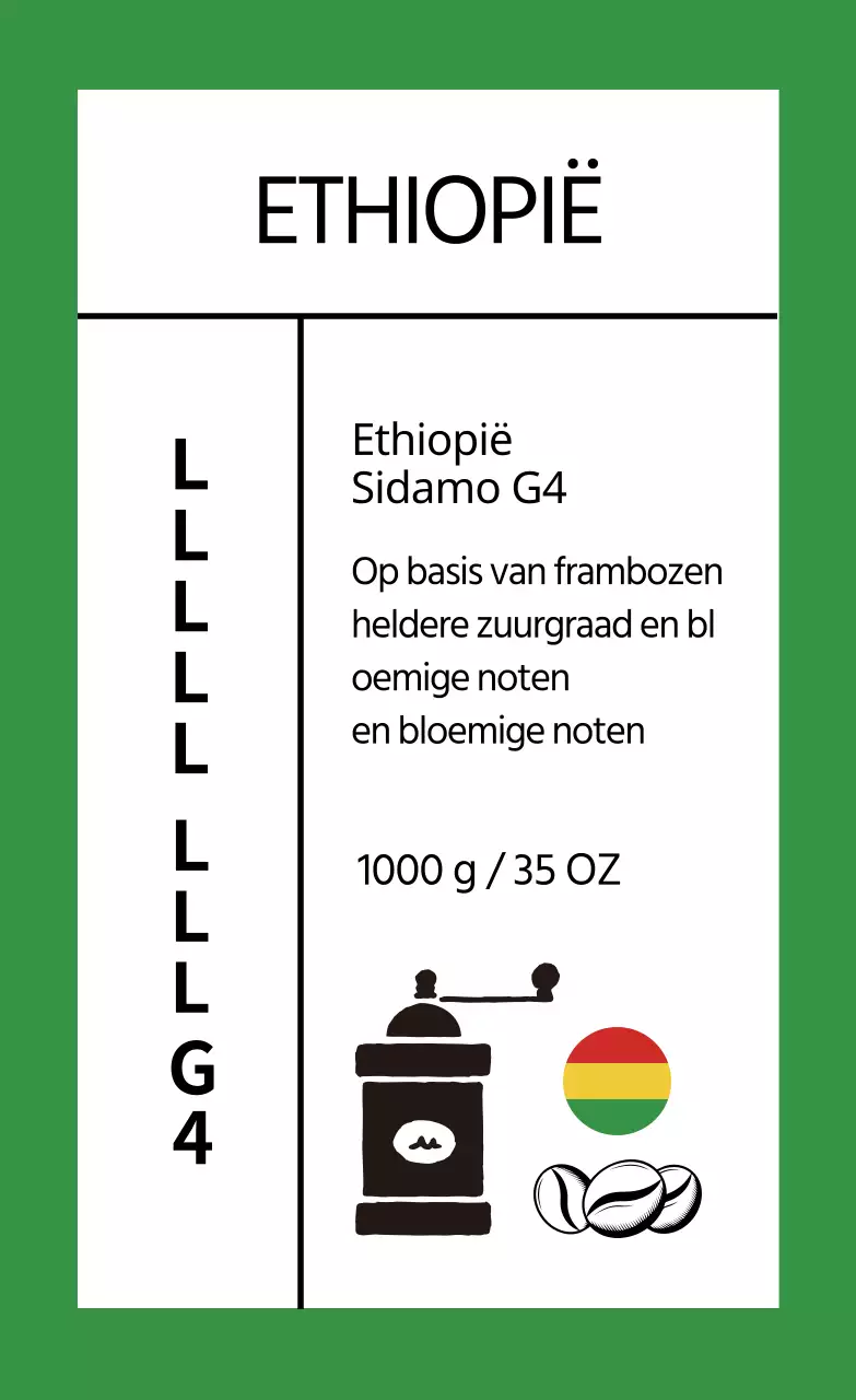 Schoon koffiebonenlabel met groene illustratie
