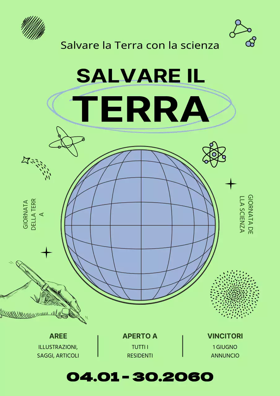 Promuovete la Giornata della scienza con una grafica disegnata a mano di un cerchio blu su uno sfondo verde lime.
