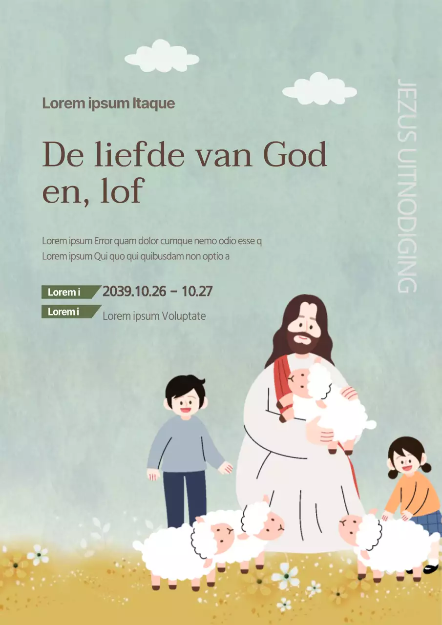 Promoot een kerkfeest met een illustratie van Jezus en kinderen in lichtblauw.