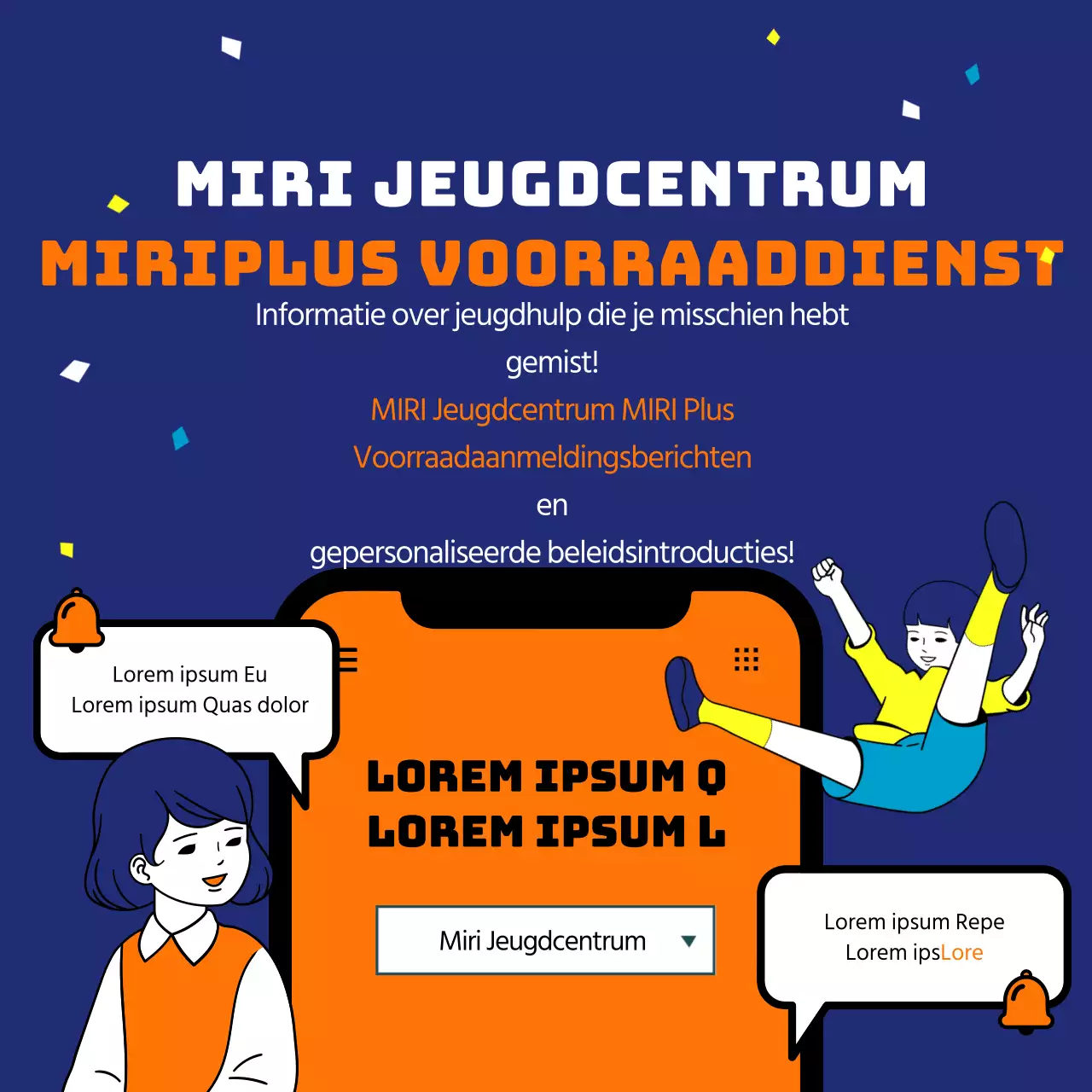 Meld je aan om meldingen te ontvangen over beleidsinformatie over jeugdhulp met komische en speelse oranje en marineblauwe illustraties