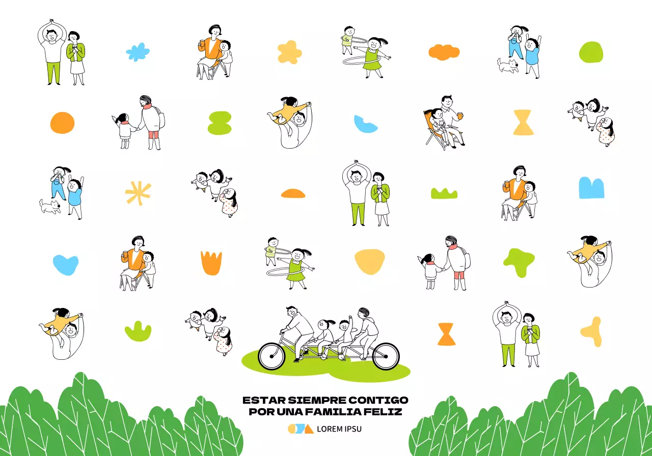 Para compartir en centros de bienestar con un bolsillo desplegable con la ilustración de una familia armoniosa en un diseño sencillo y colorido.